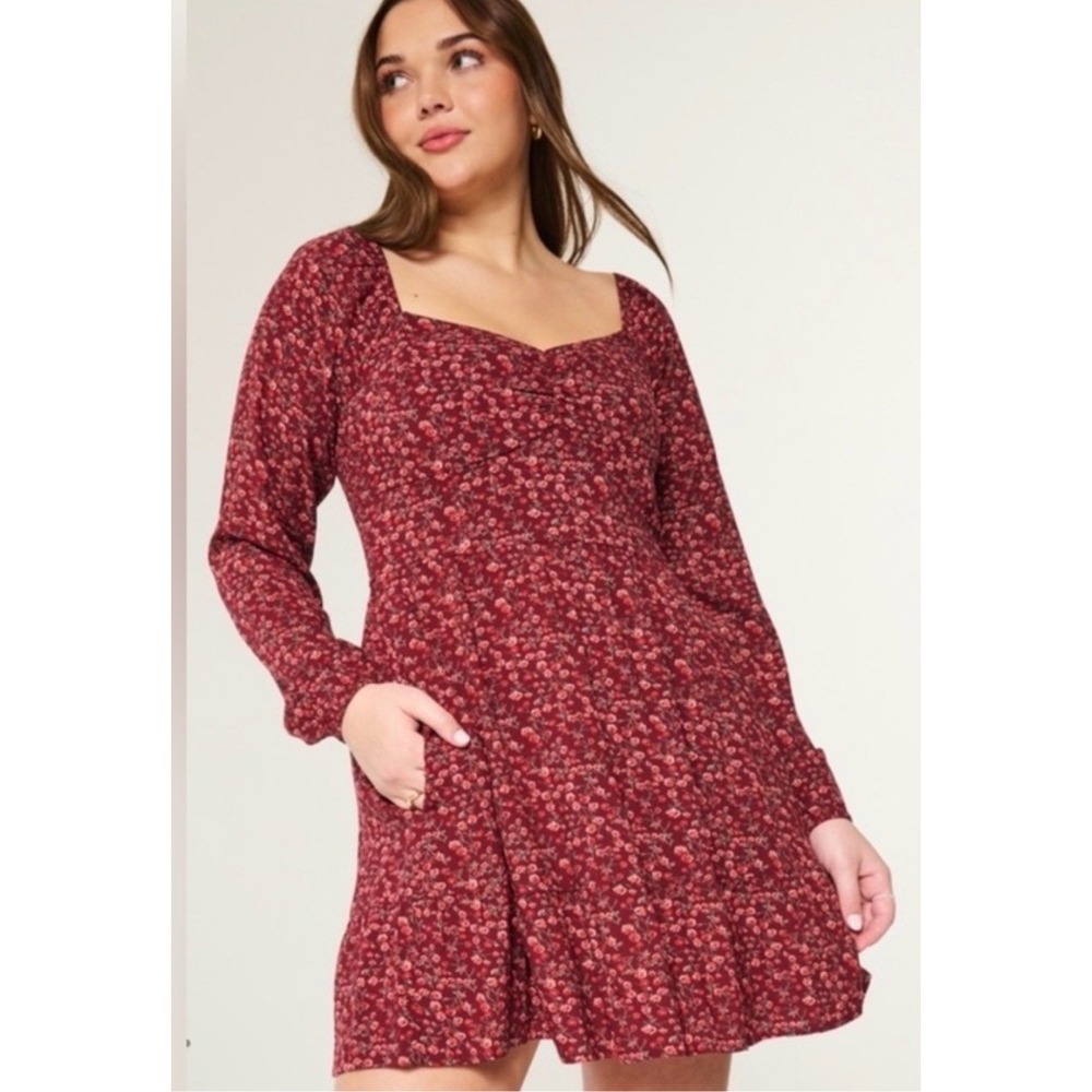 Hollister Floral Babydoll Dress w/ Pockets Puff Sleeve Burgundy Cottagecore XXS